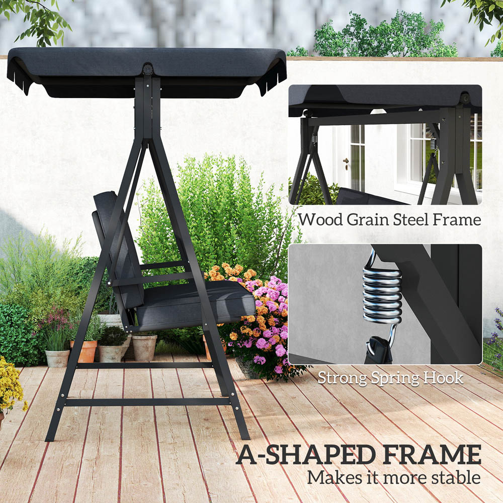 Outsunny 3 Seater Grey Garden Swing Bench with Adjustable Canopy and Cushion Image 8