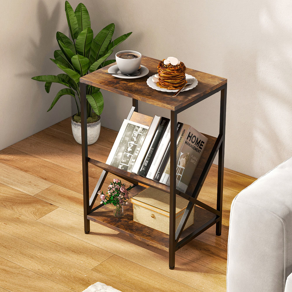 Costway 2 Shelf Rustic Brown V Shaped Side Table Image 3