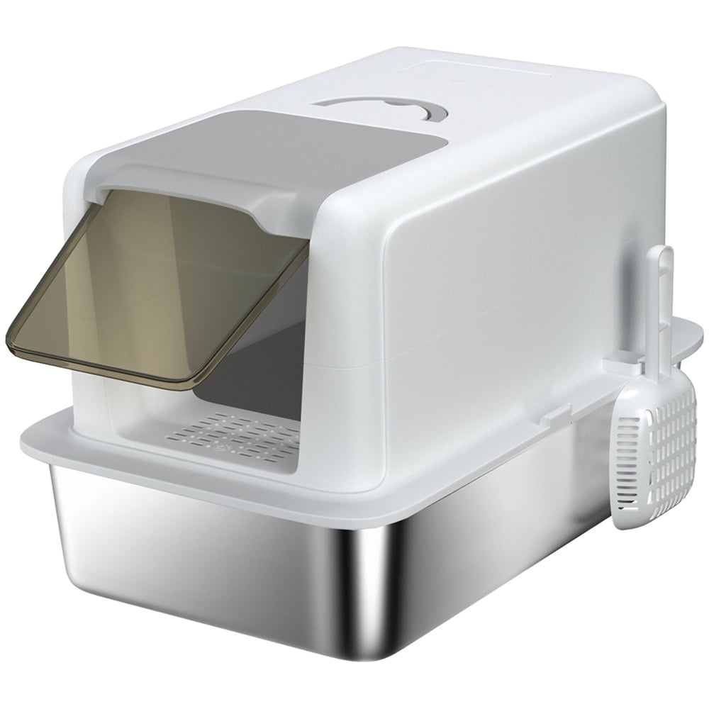 PawHut Grey Stainless Steel Cat Litter Box with Removable Lid and Scoop Image 1