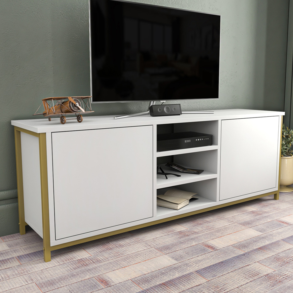 Decorotika Otis 2 Door 3 Shelf Gold and White TV Stand for 63 inch TV Image 1