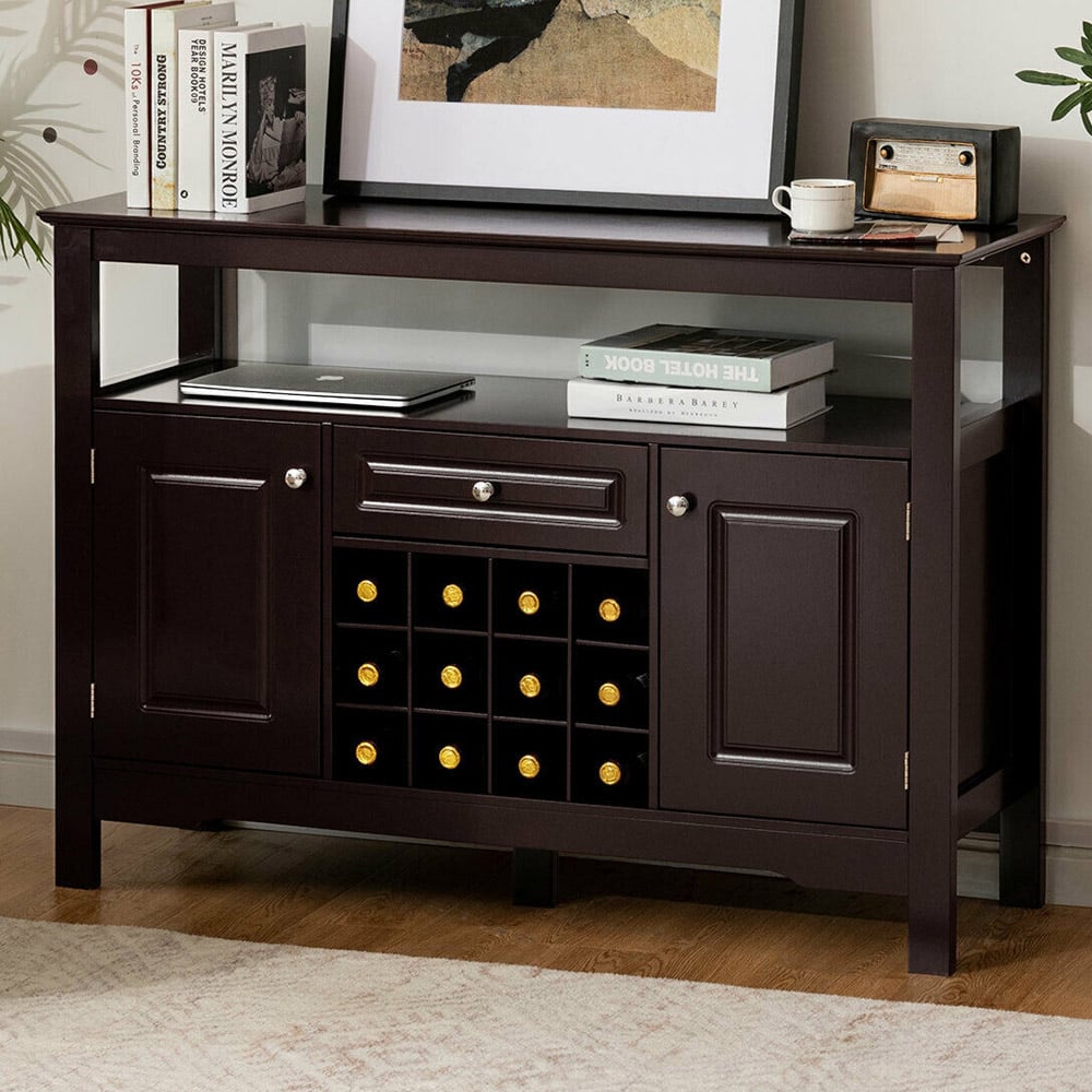 Costway 2 Door Single Drawer Brown Sideboard with 12 Wine Rack Image 1