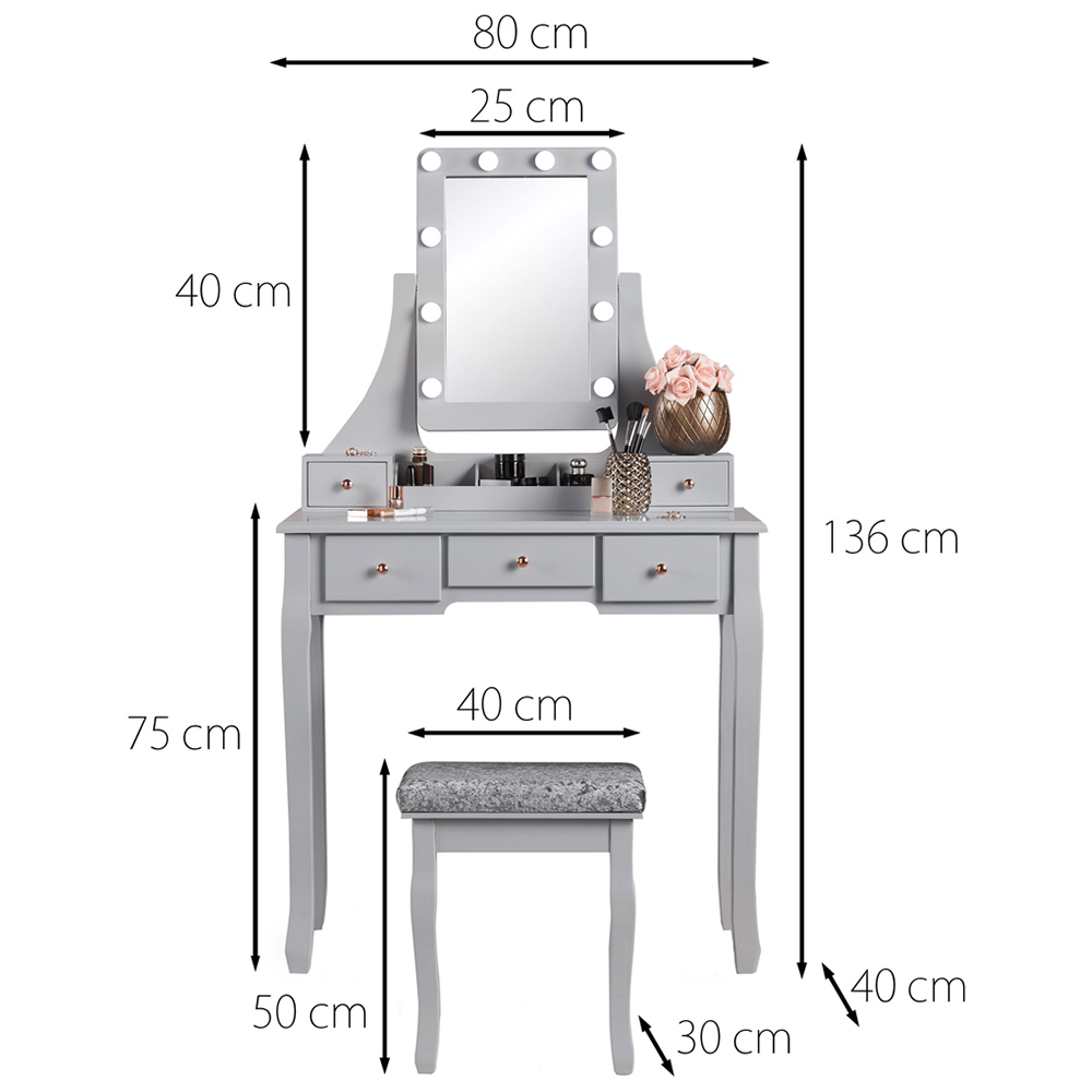 CARME Home Arianna 5 Drawer Grey Hollywood Mirror Light Deluxe Dressing Table Image 6