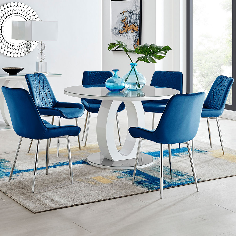 Furniturebox Lucia Cesano 6 Seater Round Dining Set Grey Gloss Navy and Chrome Image 1