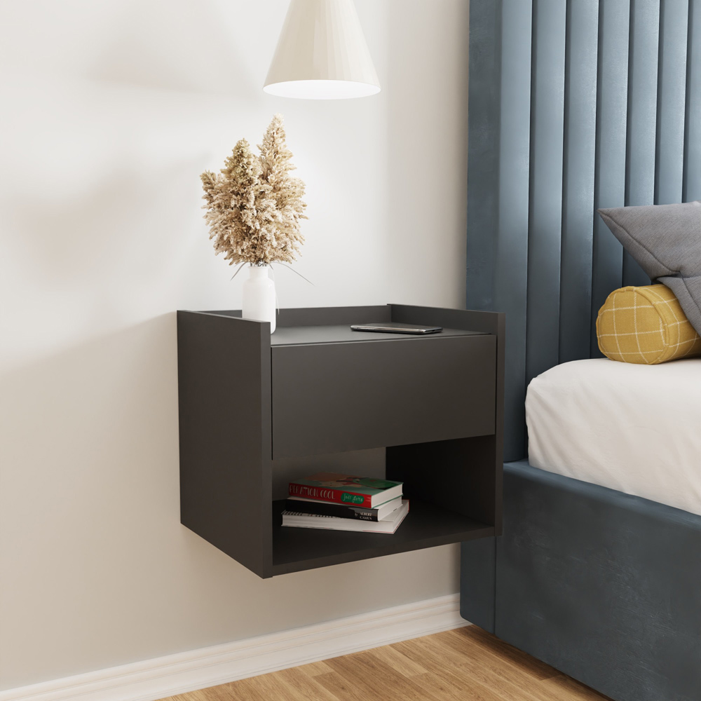 GFW Harmony Single Drawer Anthracite Black Wall Mounted Bedside Table Set of 2 Image 5