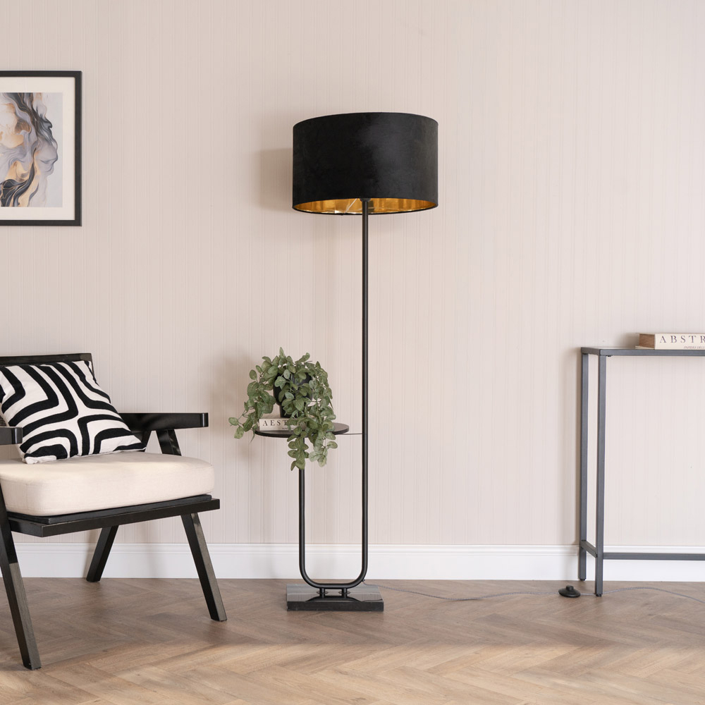 ValueLights Tavel Black LED Floor Lamp Table with Black and Gold Velvet Lamp Shade Image 2