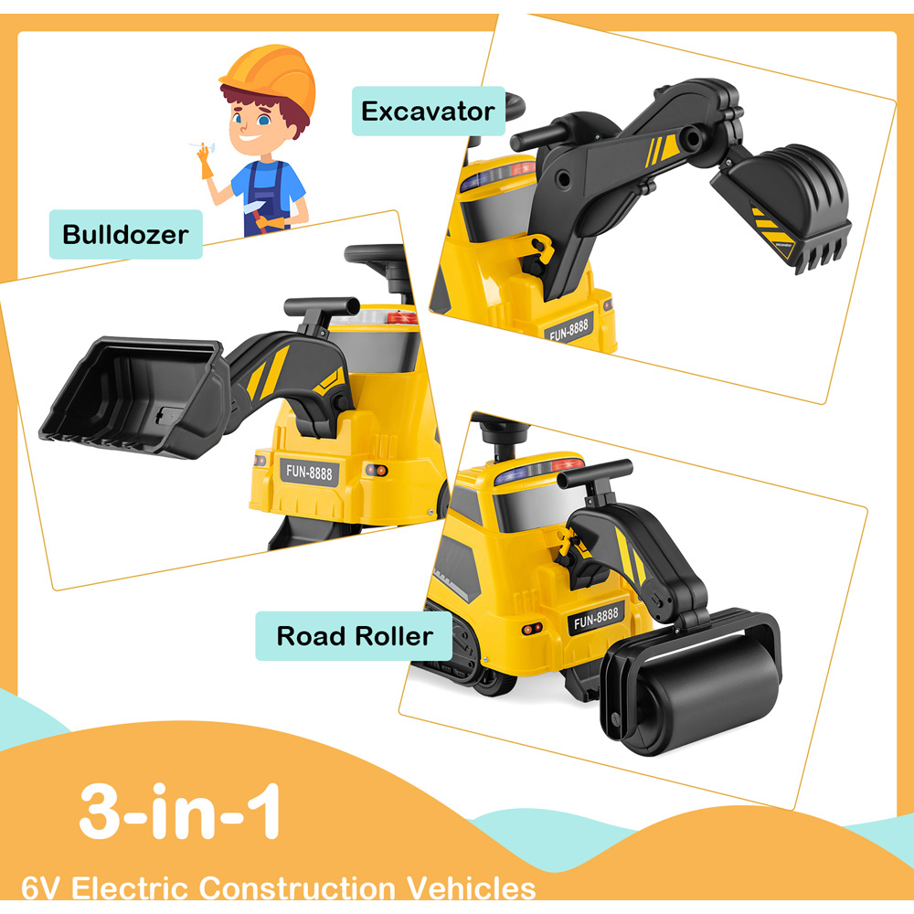 Costway 3-in-1 Kids Yellow Ride On Tractor Electric Excavator Bulldozer Roller with Adjustable Arms Image 6