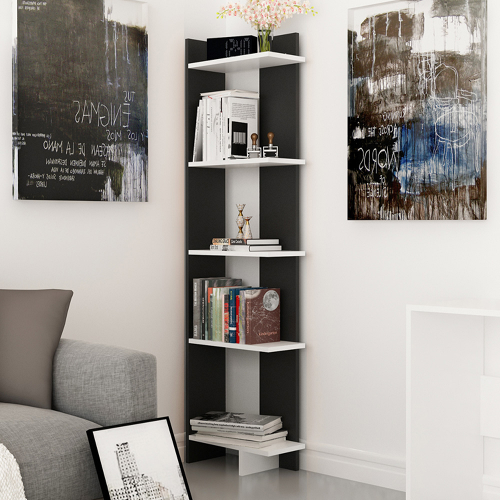Decorotika Alis 5 Tier Black and White Corner Bookcase Image 1