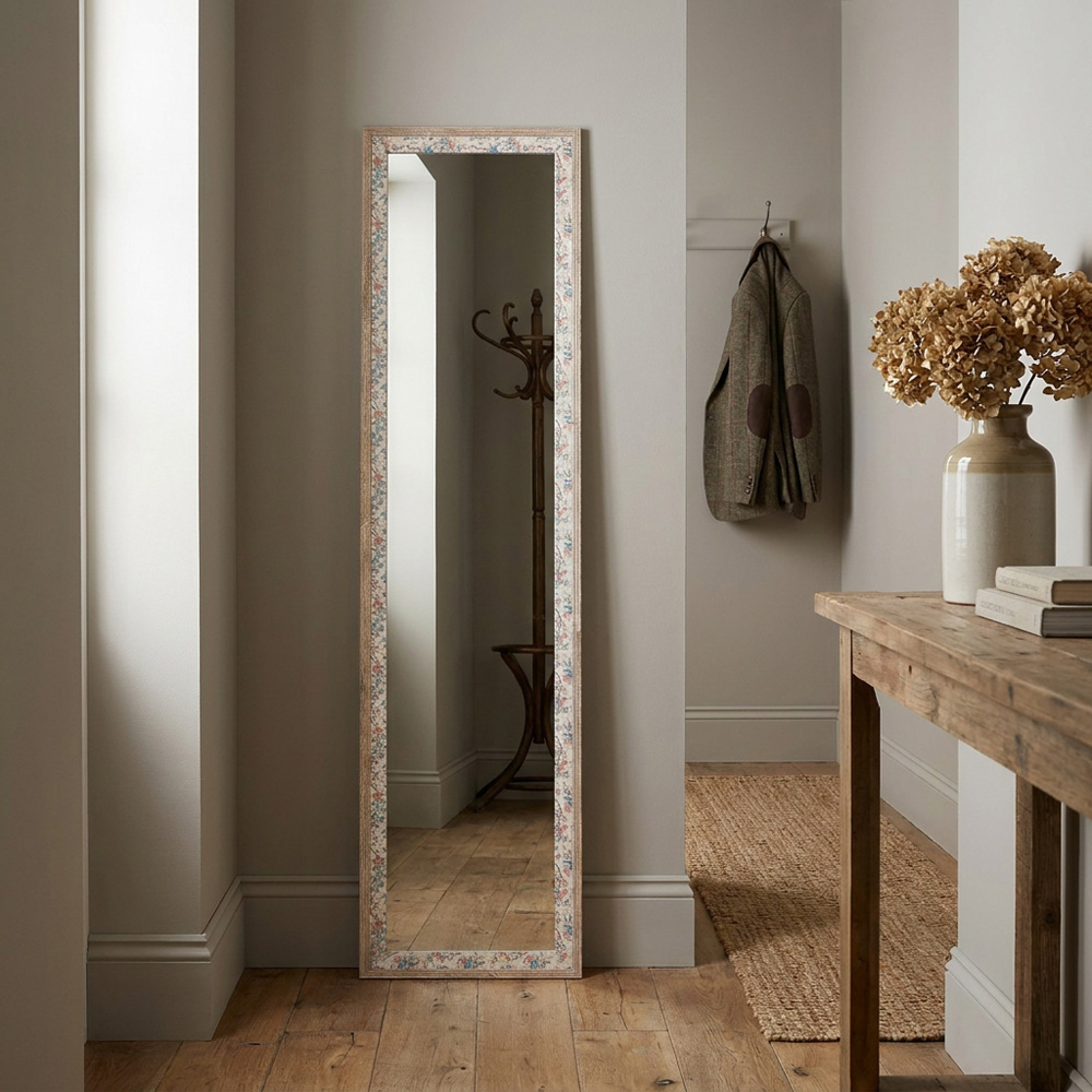 Floral Linen Wooden Dress Mirror Cream Image 8