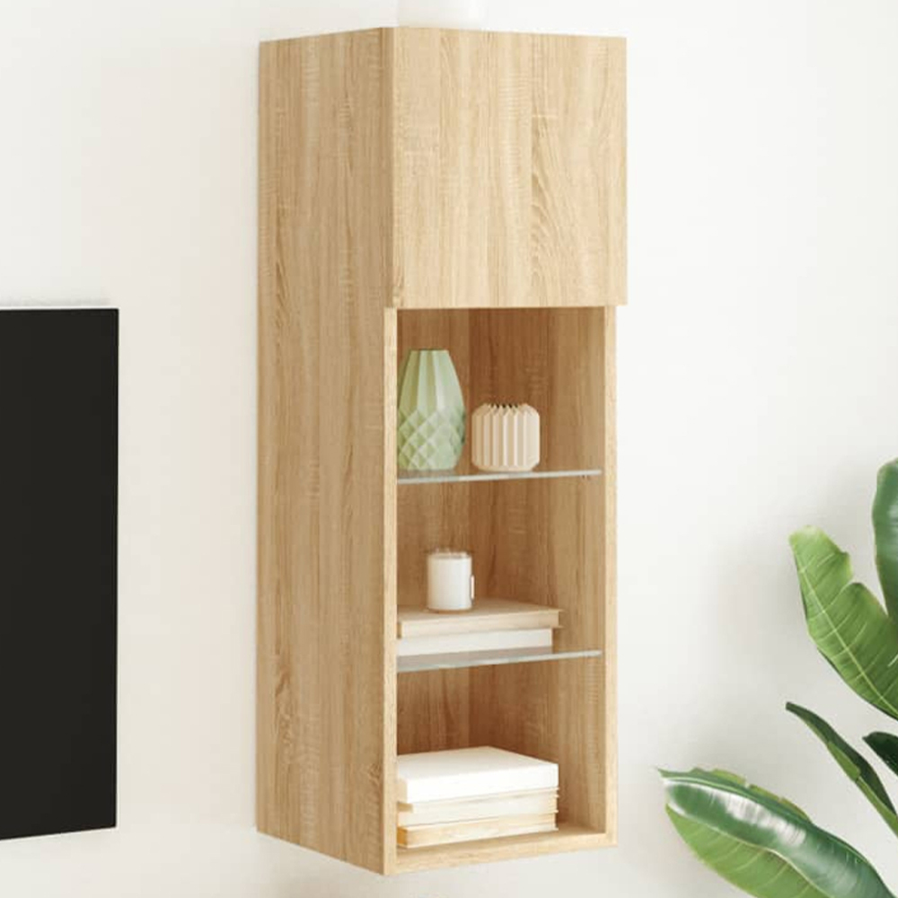 vidaXL Single Door 3 Open Shelf Sonoma Oak Narrow TV Cabinet with LED Light Image 1