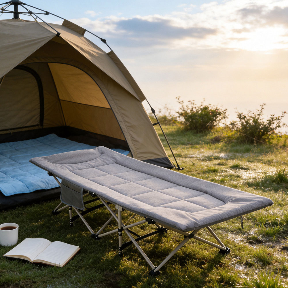 Living and Home Grey Portable Folding Camping Cot with Headrest Image 2