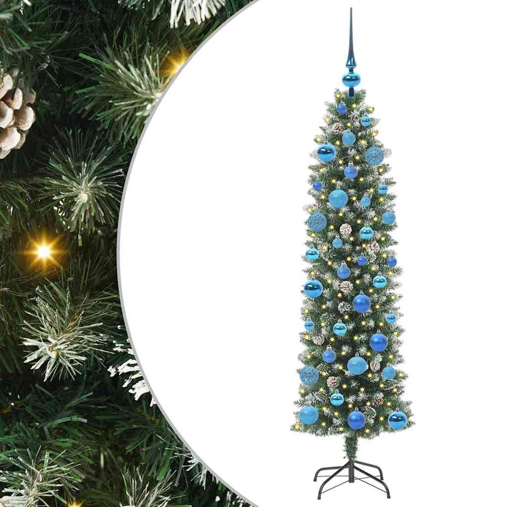 vidaXL Pre-Lit Warm White LED and Blue Baubles Green Slim Artificial Christmas Tree 5ft Image 7