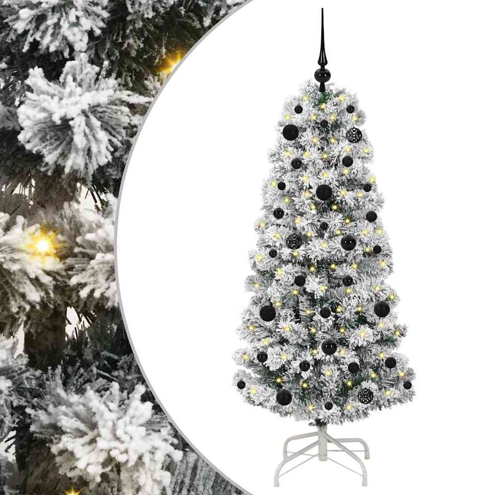 vidaXL Pre-Lit Warm White LED and Black Baubles Snow Flocked Artificial Christmas Tree 5ft Image 2