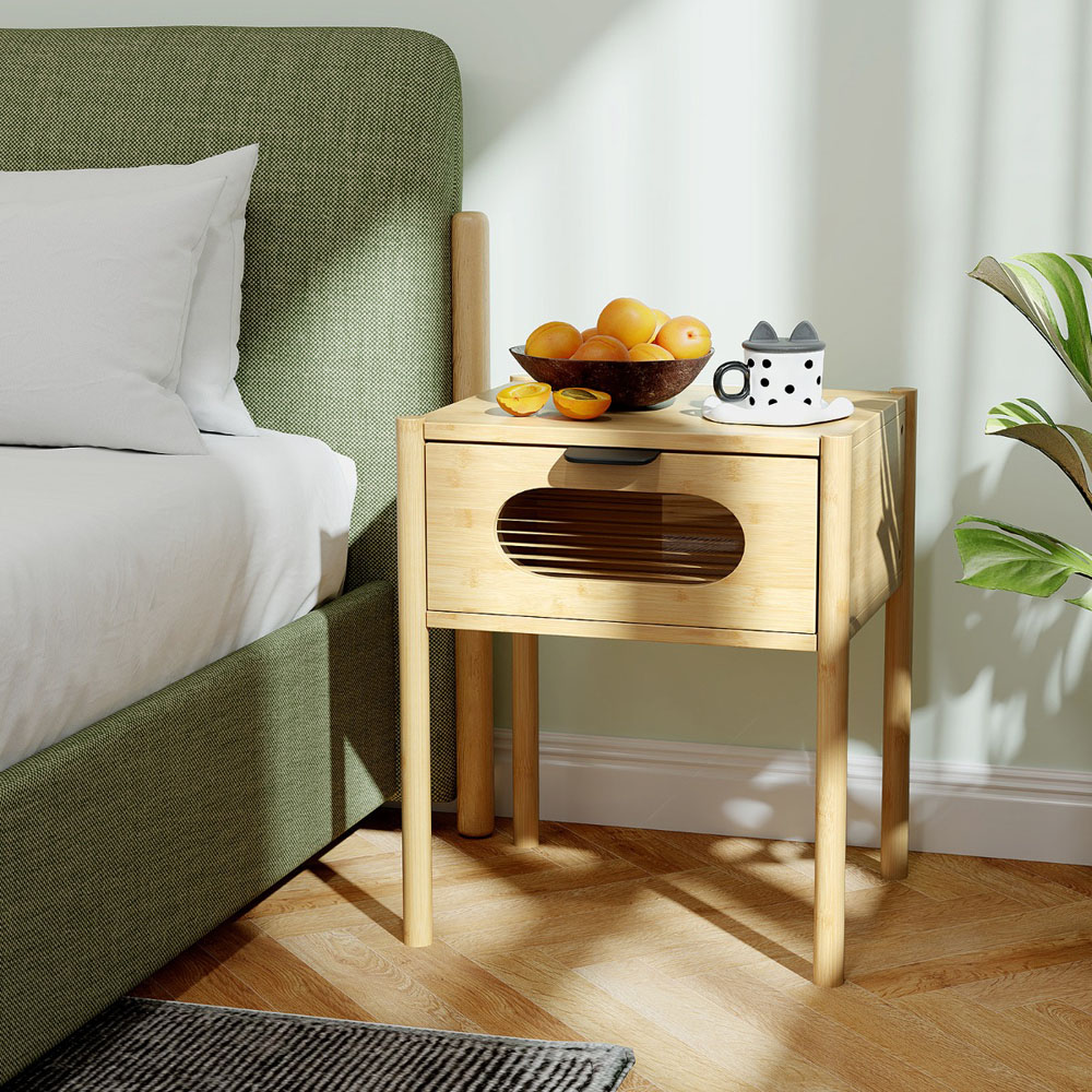 Costway Single Drawer Natural Farmhouse Bedside Table Image 5