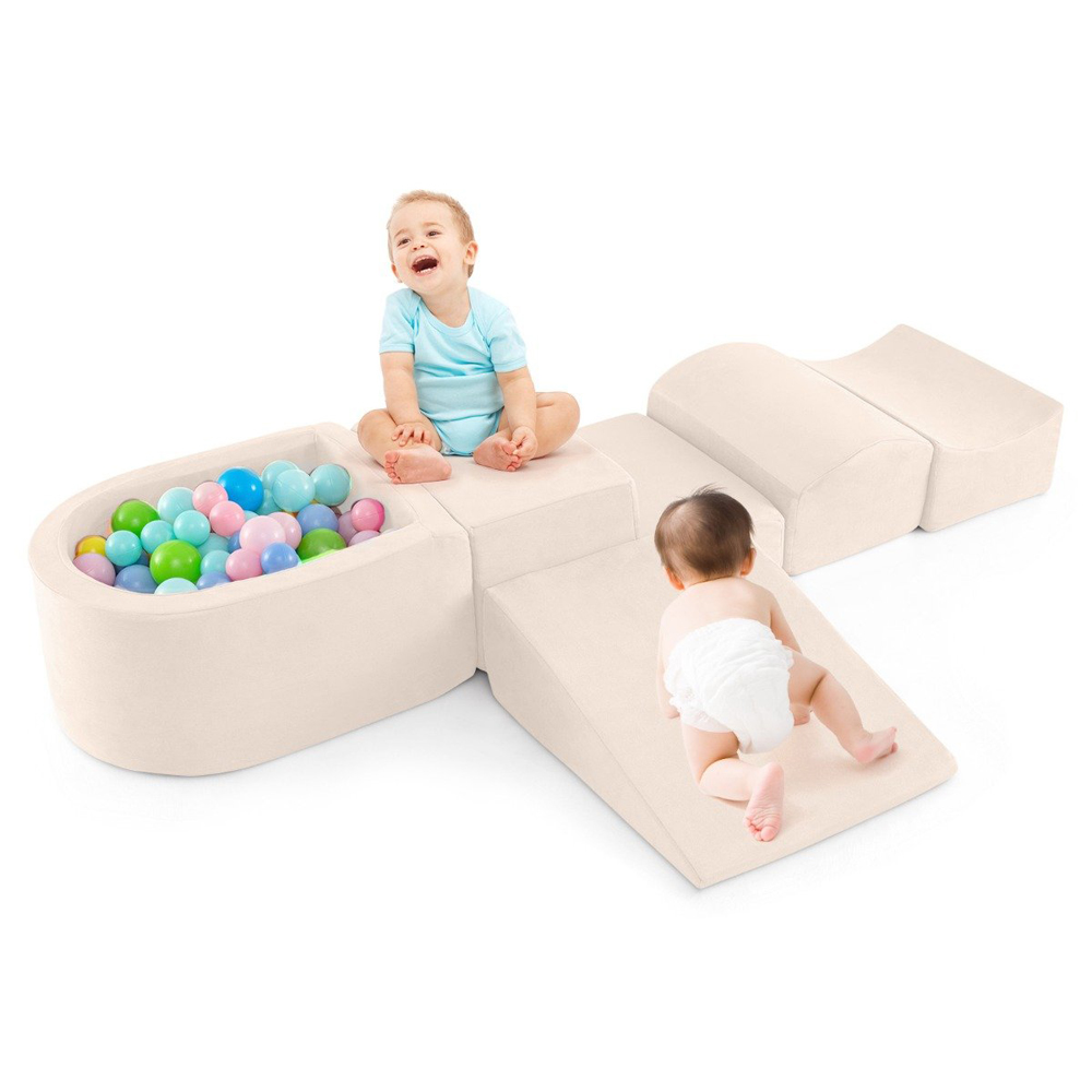 Costway Kids Beige 5 Piece Climb and Crawl Play Set with Ball Pit Image 4