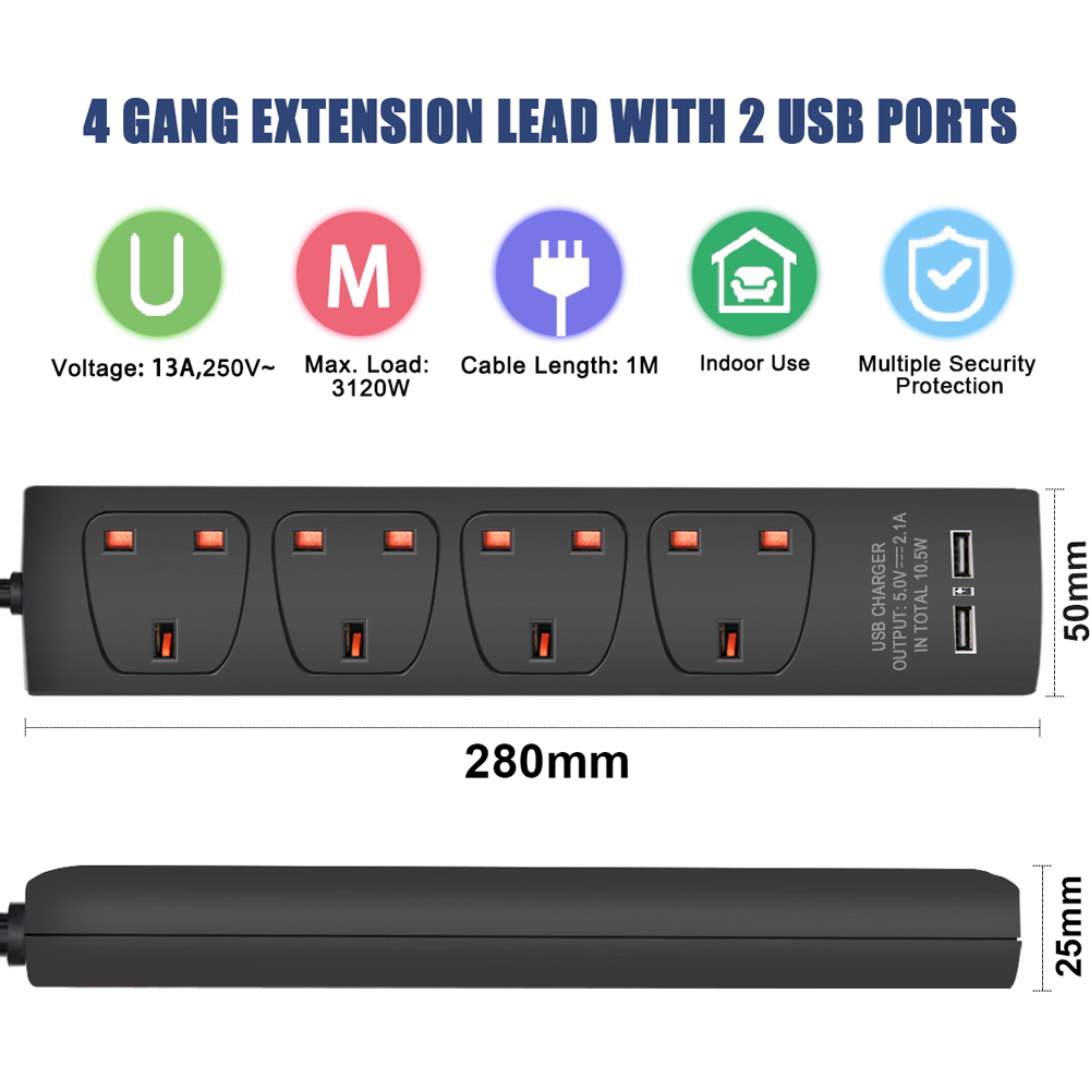 ExtraStar 13A 1m 4 Socket Black Unswitched Extension Lead with 2 USB Port Image 4