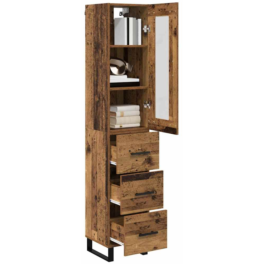 vidaXL Single Glass Door 3 Drawer Old Wood Tall Slim Highboard Image 3