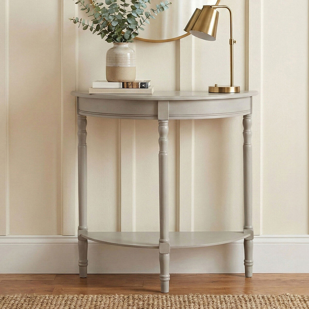 Premier Housewares Heritage Single Shelf Grey Putty Wooden Half Moon Console Table Image 5