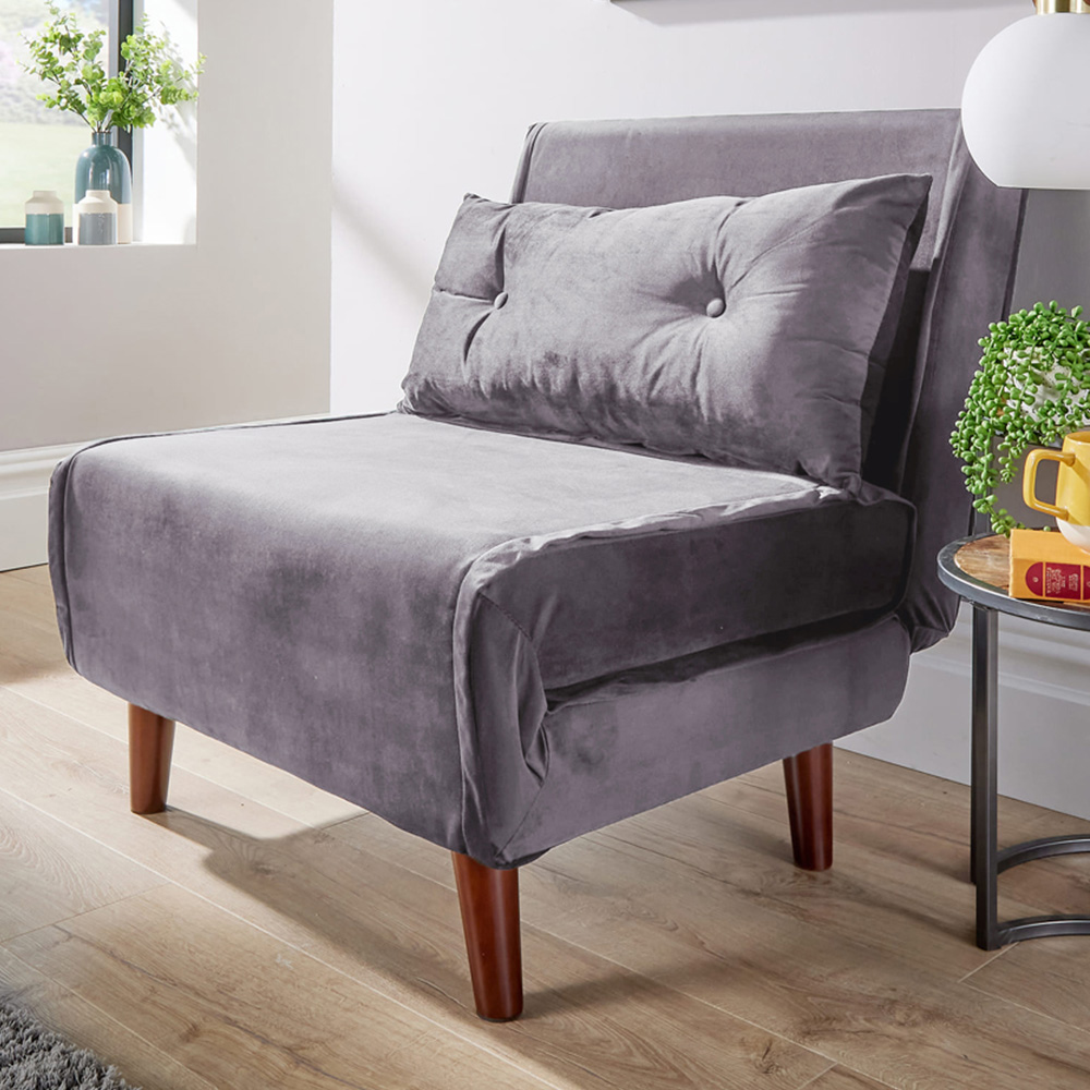 Home Source Morella Single Seater Grey Velvet Folding Sofa Bed with Pillow Image 1