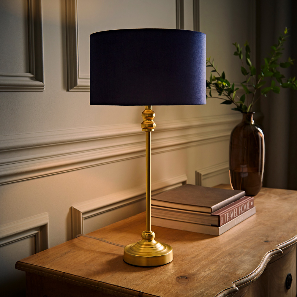 ValueLights Maggie Navy Blue Velvet and Gold Drum Shade Candlestick LED Table Lamp Image 6