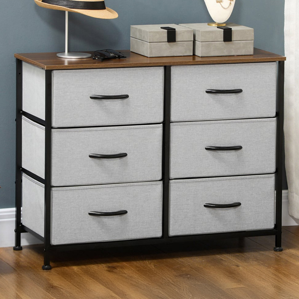 Portland 6 Drawer Grey and Wood Effect Chest of Drawers Image 1