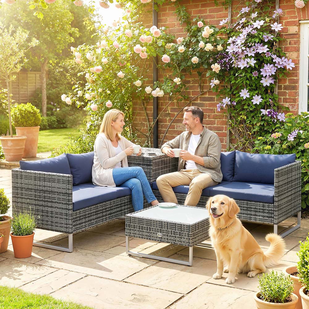 Outsunny 4 Seater Dark Blue PE Rattan L-Shape Corner Garden Sofa Set Image 3