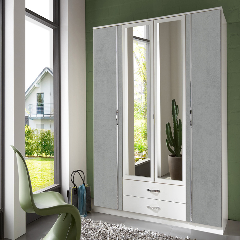 TJ'S Clack 4 Door 2 Drawer Grey and White Mirrored Wardrobe Image 1