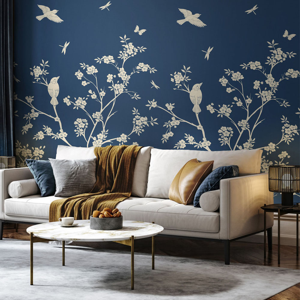 Origin Murals Repeatable Blossom Trail Navy 3 Drop Wall Mural Image 1