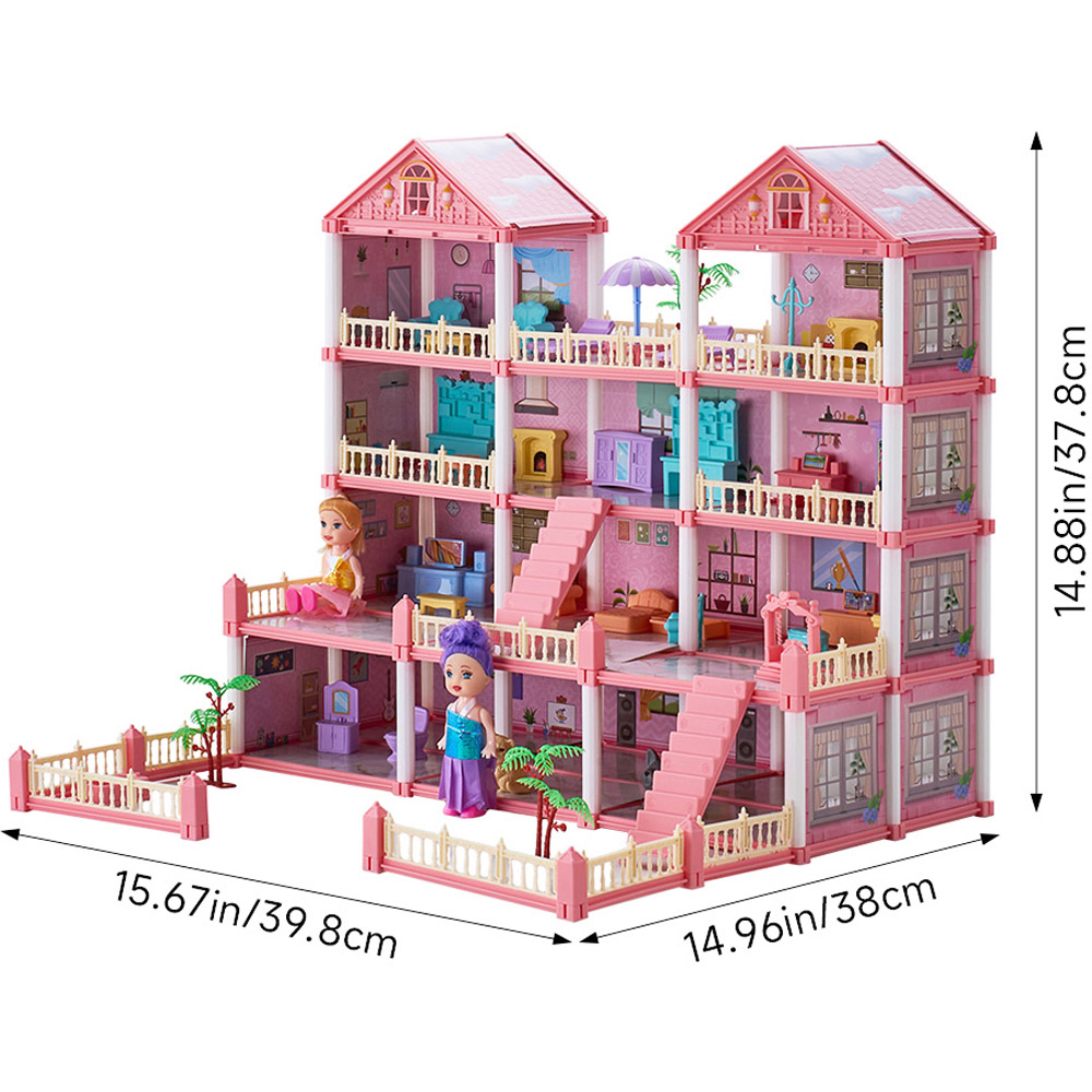 H&O Direct 267 Piece Kids Light Pink 4 Storey Dollhouse Playset with Furniture Image 6