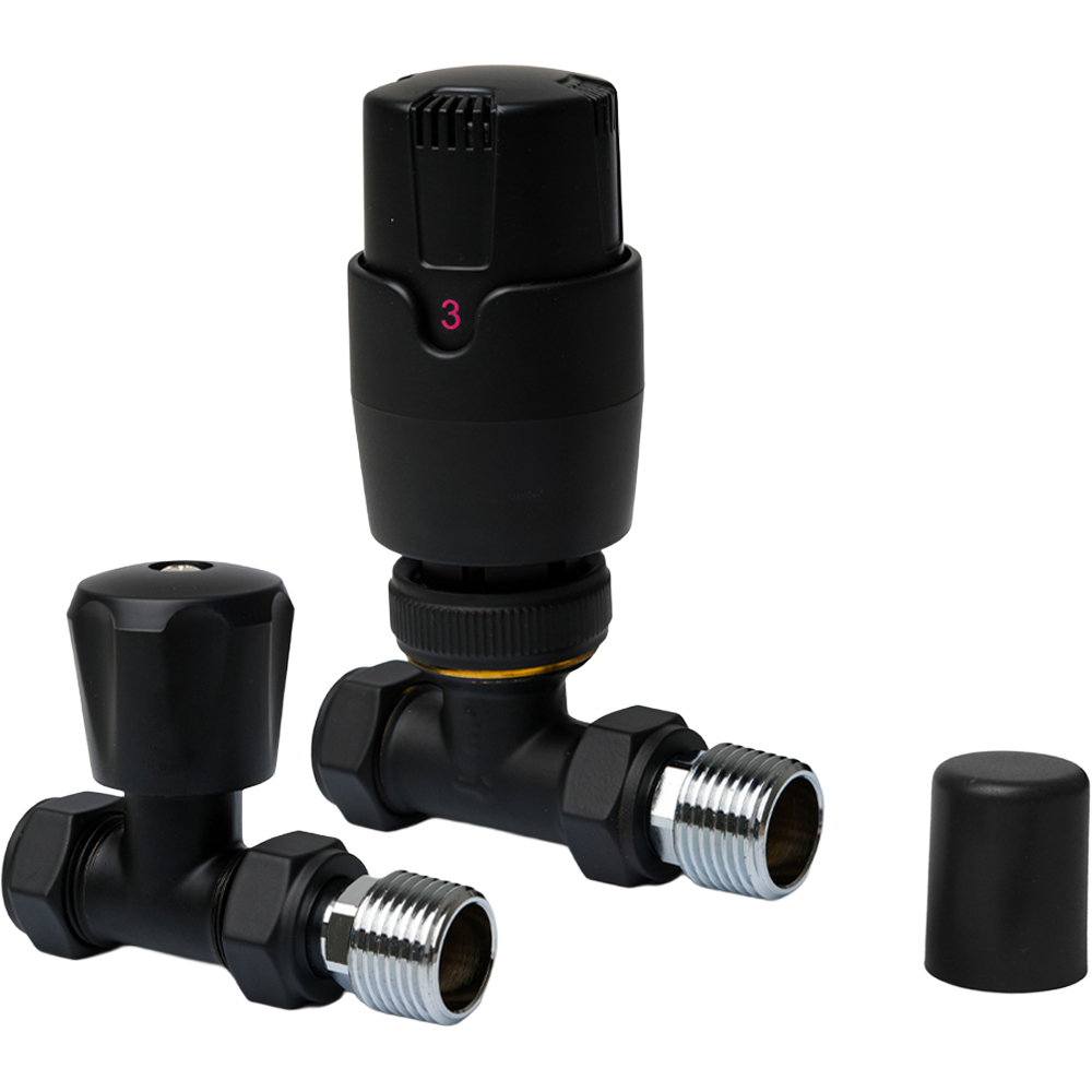 Go Bathrooms Black Straight Thermostatic Radiator Valves Set 15mm Image 1