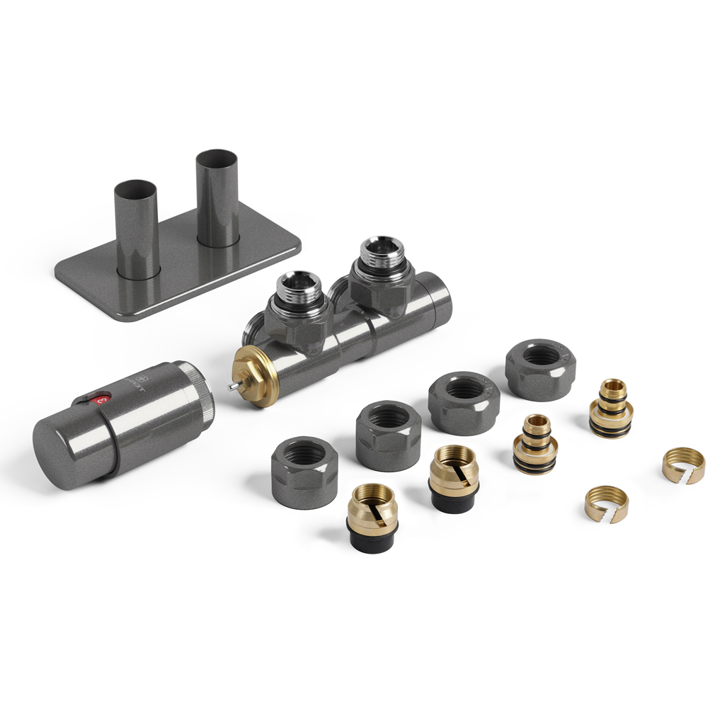 Terma Vario Sparkling Grey Left Sided Twins Angled Integrated Thermostatic Radiator Valve Set 50mm Image 2