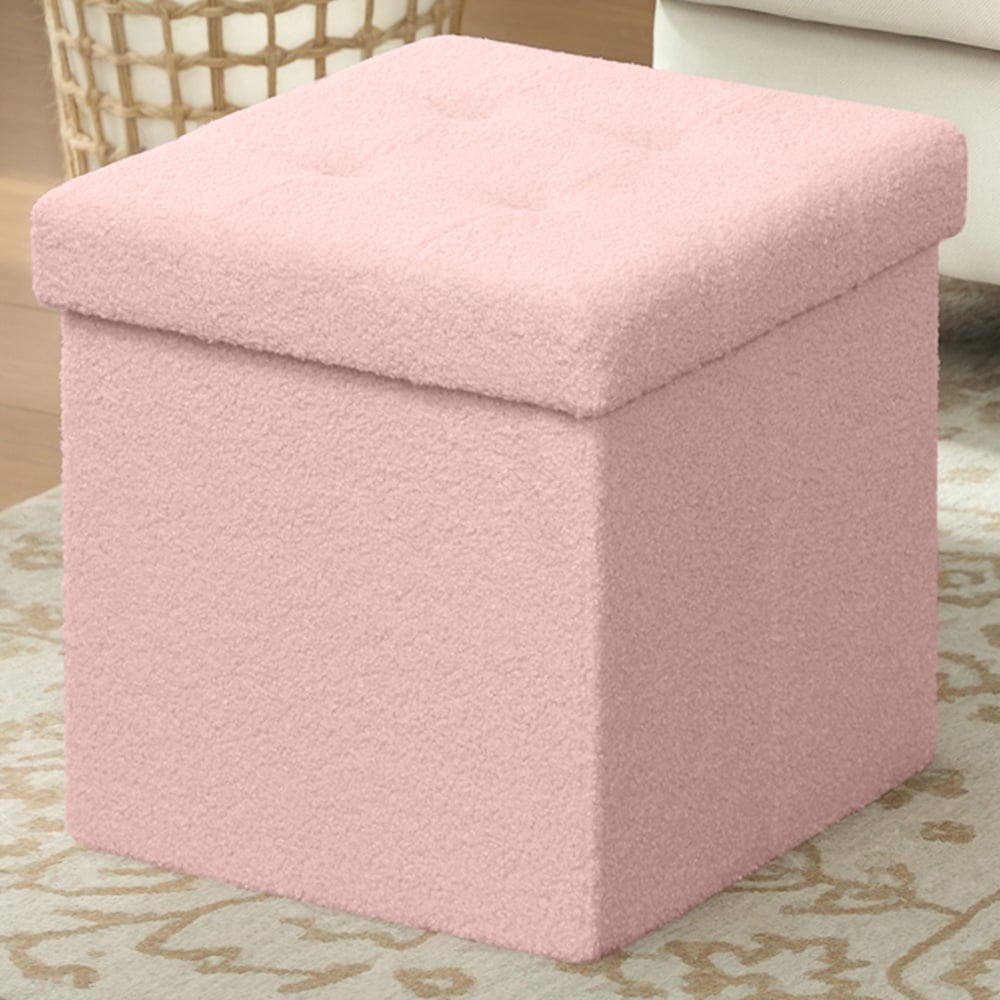 HOMCOM Pink Foldable Sherpa Fleece Storage Ottoman Seat Image 1