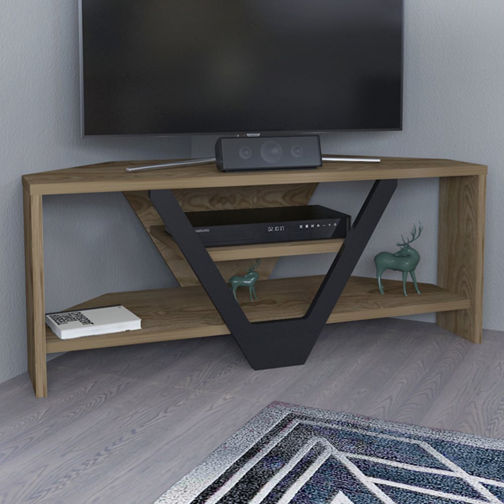 Decorotika Karin 2 Sheld Oud Oak and Black Modern Corner TV Unit Image 1