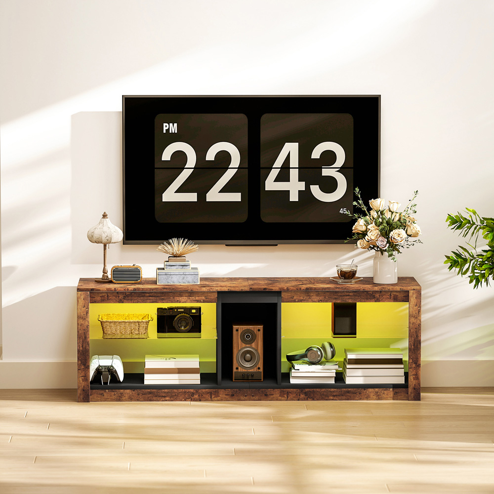 HOMCOM 4 Shelf Rustic Brown TV Stand with LED Lights Image 5
