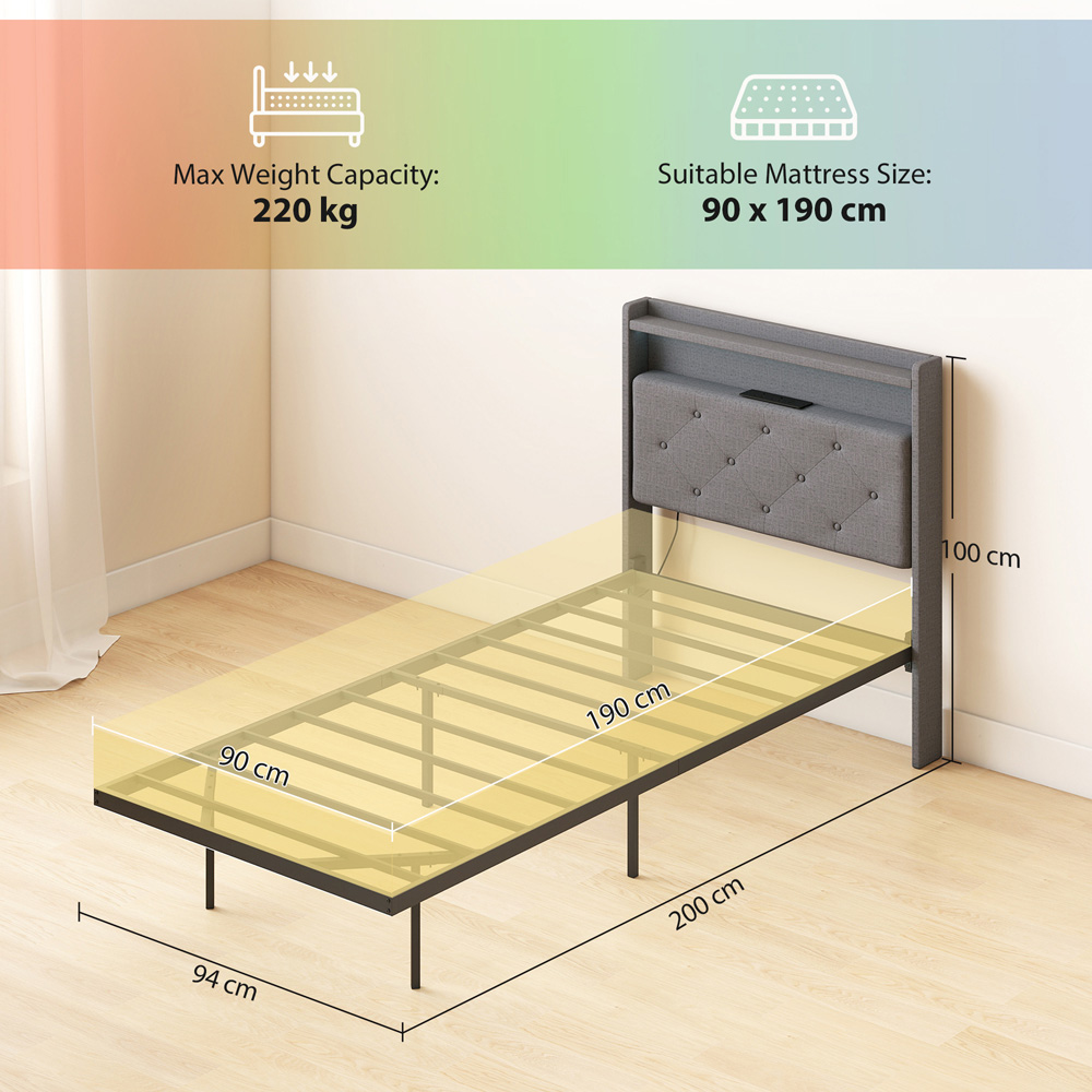 Portland Single Grey Upholstered Floating Bed Frame with RGB LED Lights Image 9