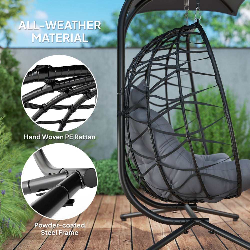 Outsunny 2 Seater Black Rattan Hanging Egg Chair with Canopy and Cushion Image 6