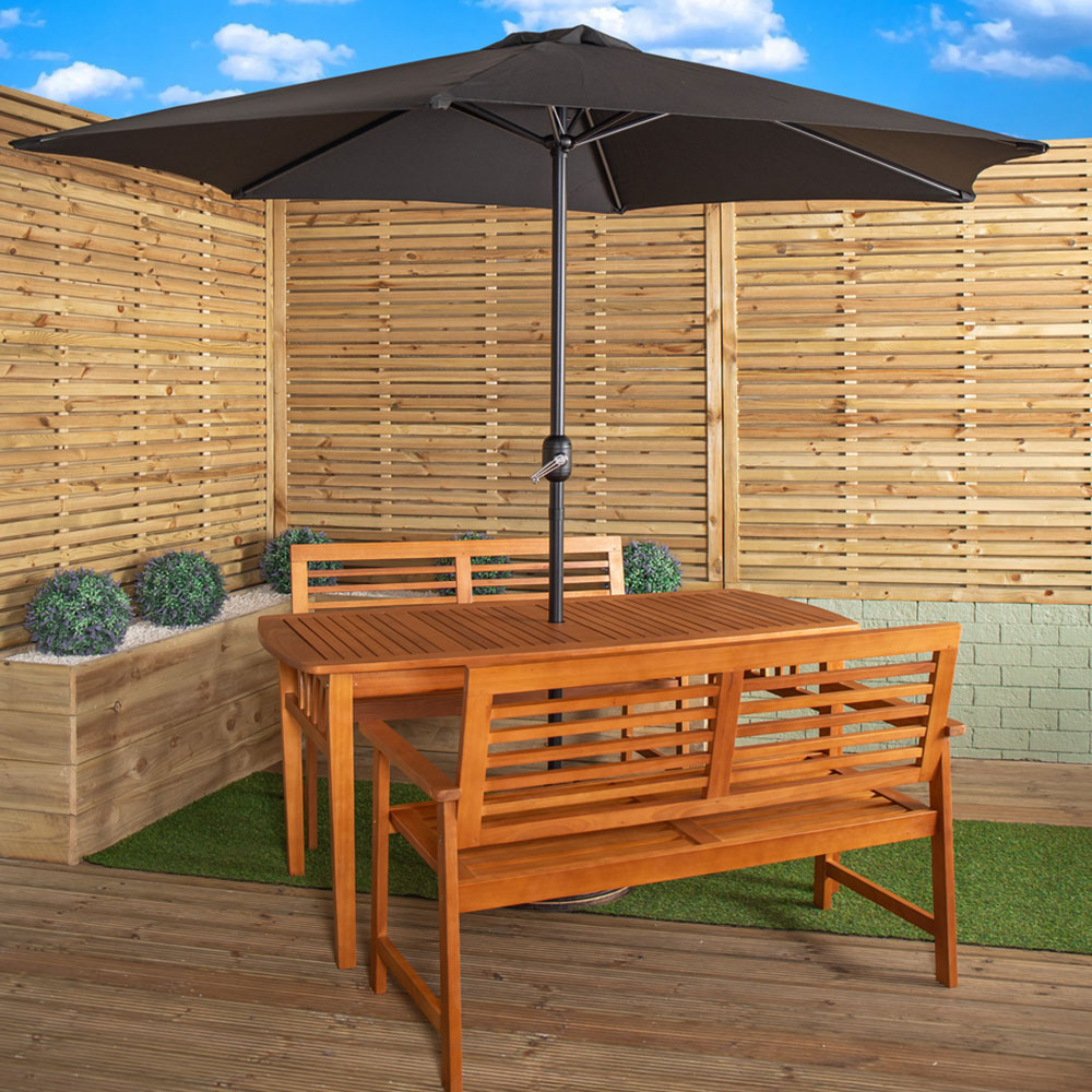 Samuel Alexander 4 Seater Wooden Rectangular Dining Bench Set with Black Havana Parasol and Base Image 1