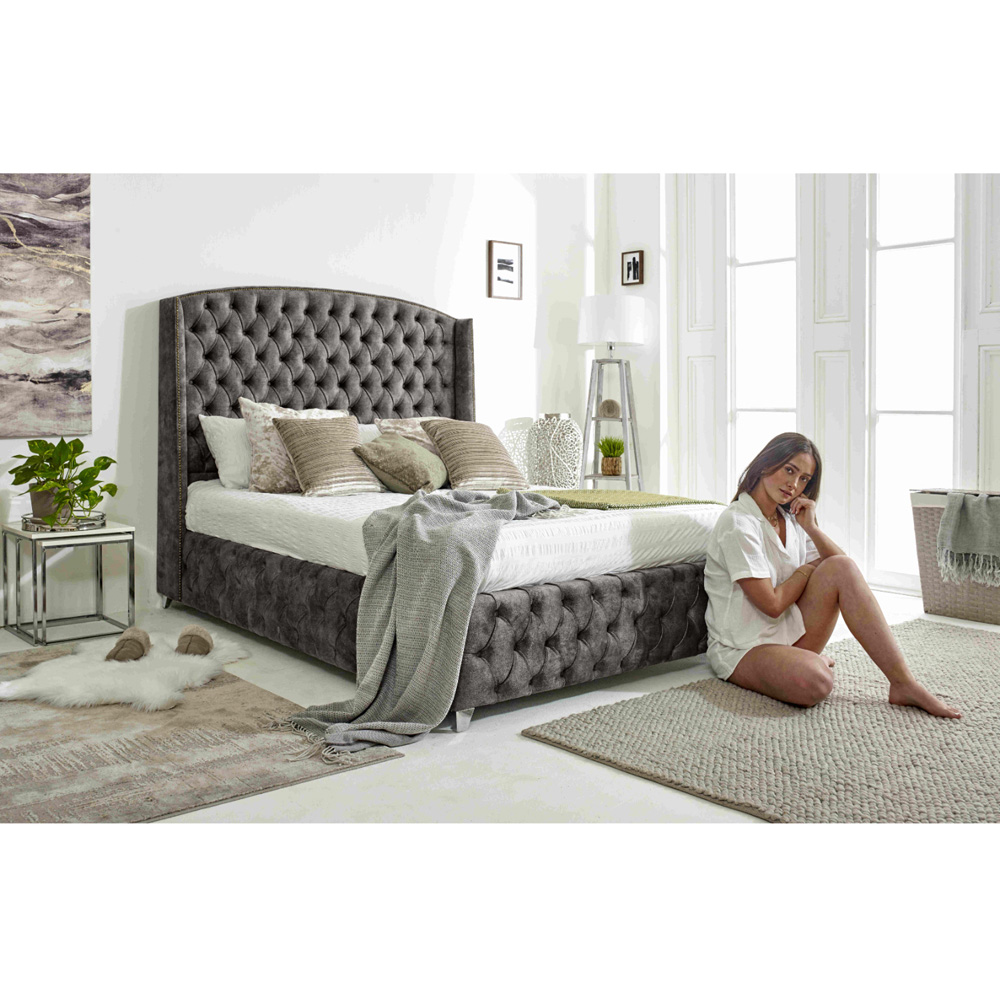 Eleganza Home Winfield King Size Grey Oakland Fabric Bed Frame with Chesterfield Headboard Image 5