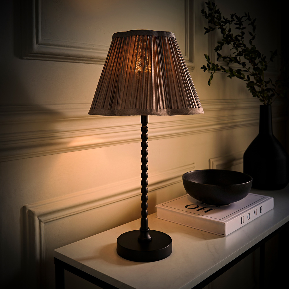 ValueLights Maeve Dark Grey Pleated Faux Silk Scallop Shade Black Bobbin LED Table Lamp Image 6