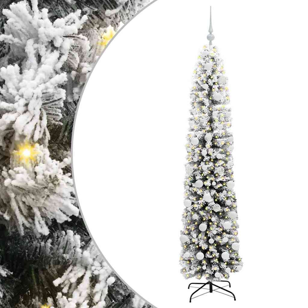 vidaXL Green Snow Flocked Artificial Christmas Tree with LEDs white Decoration Ornaments 6ft Image 2
