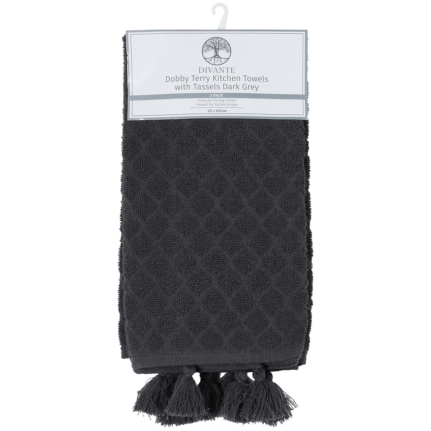 Pack of 2 Dobby Terry Kitchen Towels with Tassels - Dark Grey Image 2