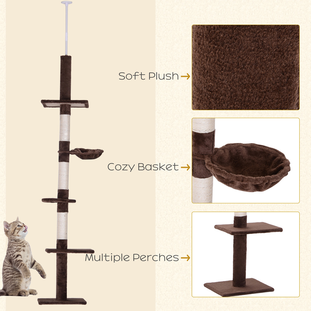 PawHut 5 Tier Brown and White Floor to Ceiling Cat Tree Image 6