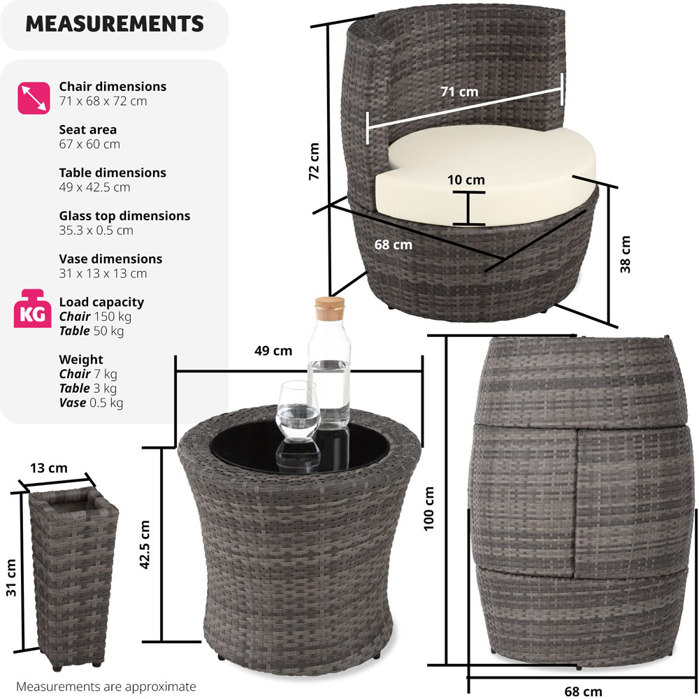 tectake Nizza 2 Seater Rattan Garden Bistro Set with Vase Grey Image 6