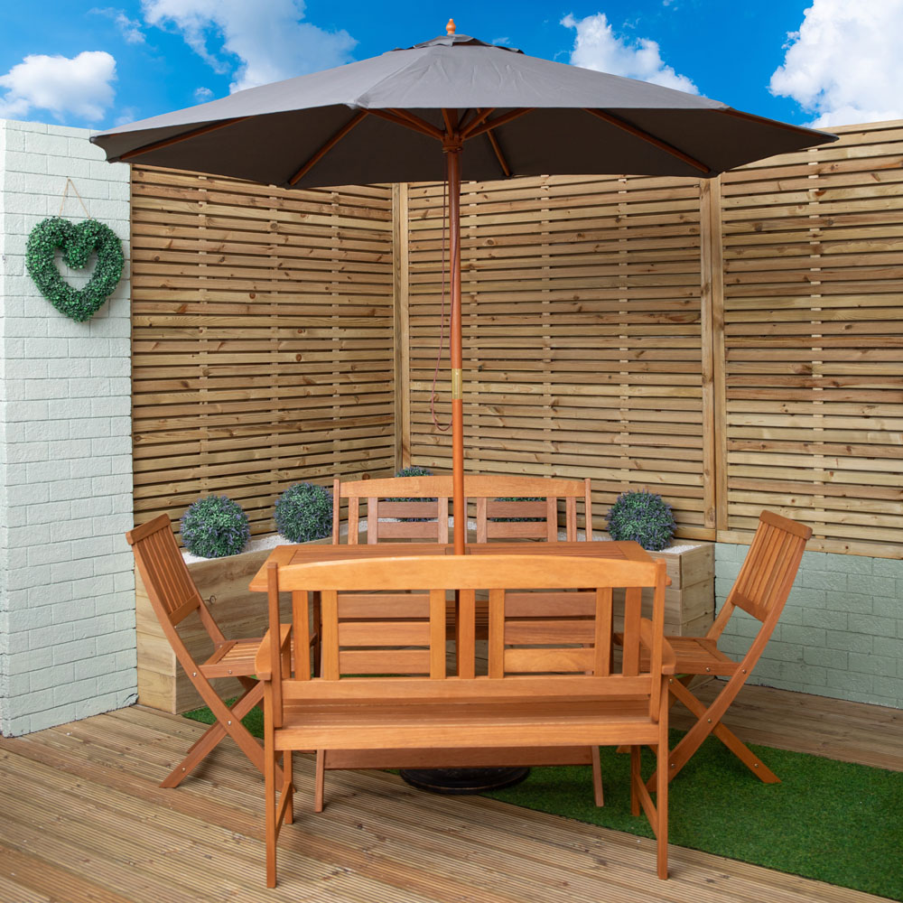 Samuel Alexander 6 Seater Wooden Rectangular Foldable Dining Bench Set with Grey Parasol and Base Image 1