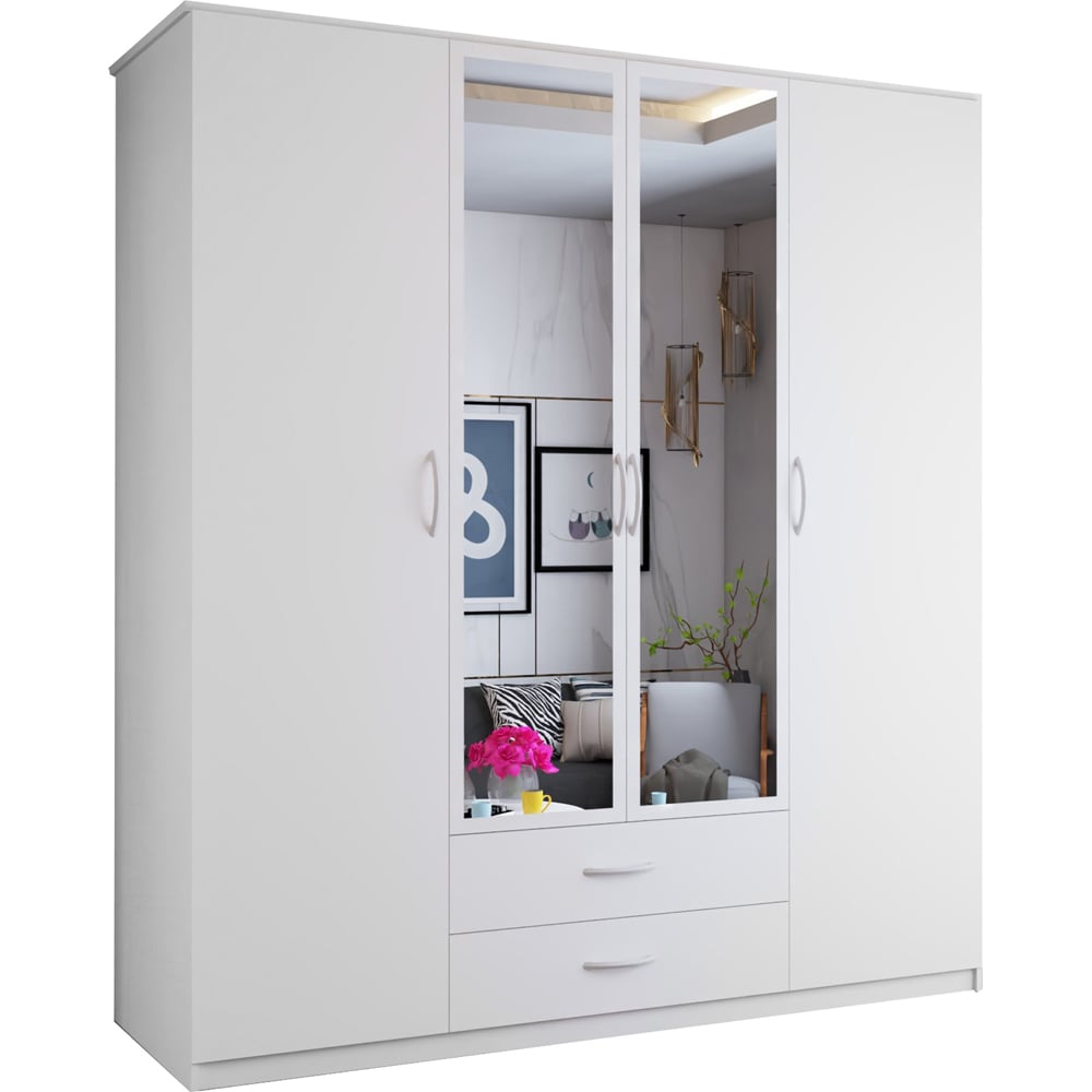 Sliding Wardrobes 4U London 4 Door 2 Drawer White Hinged Central Mirrored Wardrobe Image 2