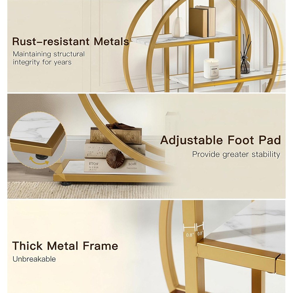 Alivio 4-Tier White and Gold Rustic Wood Double Round Metal Frame Console Table Image 8