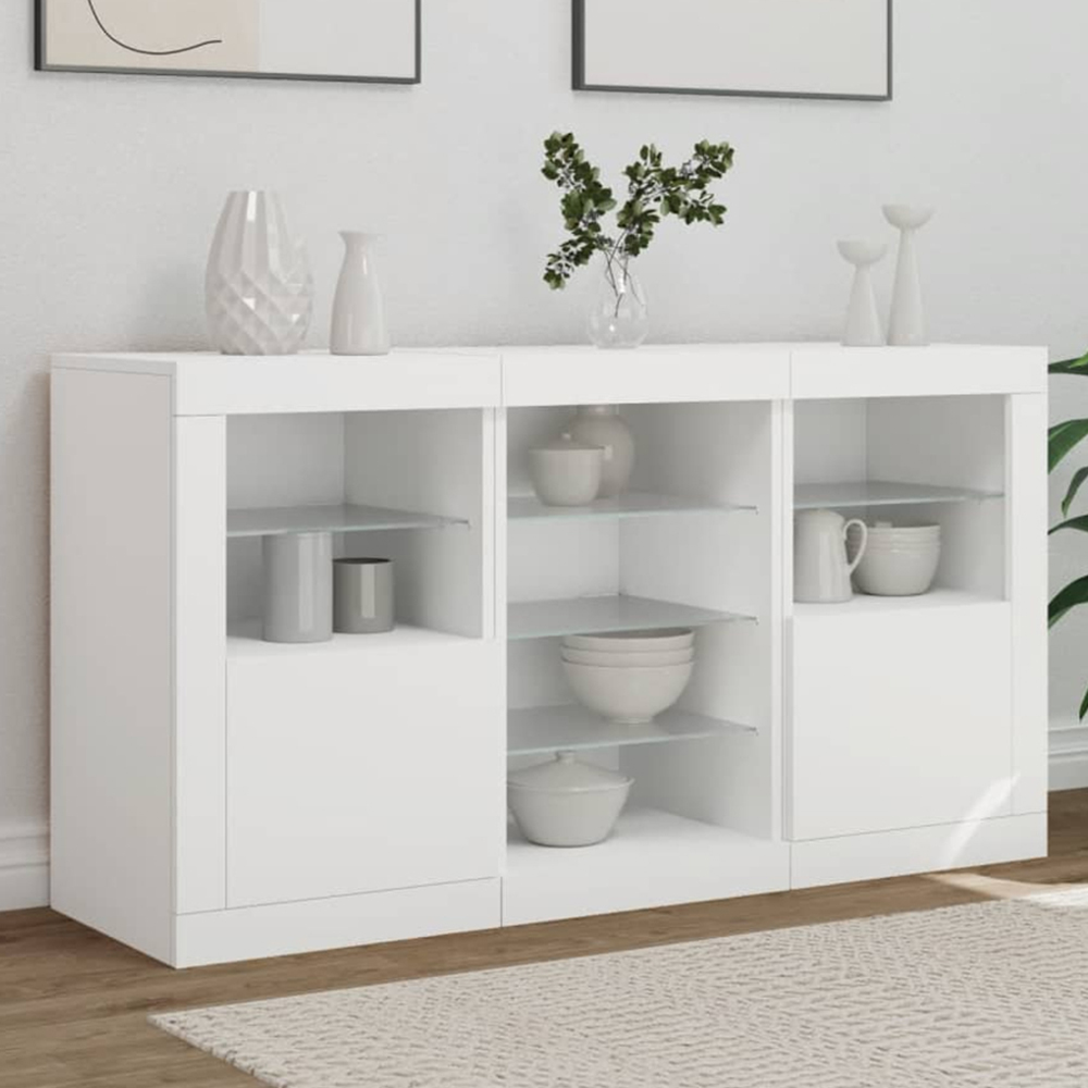 vidaXL 2 Door 8 Shelf White LED Sideboard 3 Piece Image 1