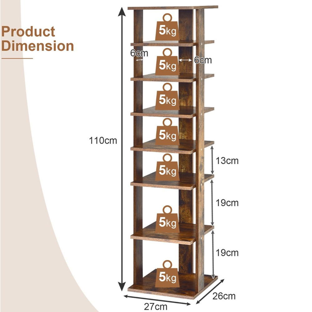 Costway 7 Shelf Brown Wooden Vertical Shoe Rack Image 5