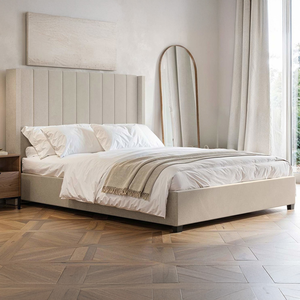 Flair Tiggy Double Beige Velvet Ottoman Bed with Winged Headboard Image 1