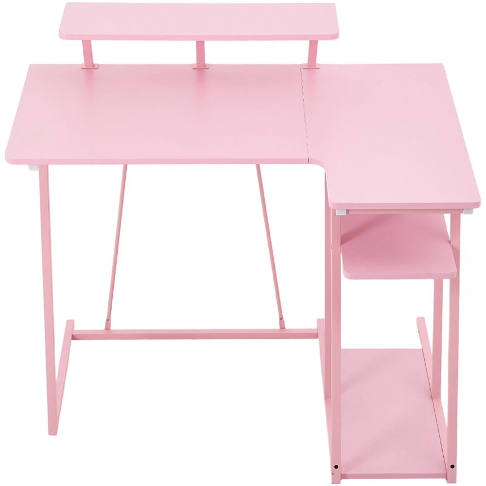 Living and Home Pink L-Shaped Gaming Desk with Monitor Stand and Shelf Image 3