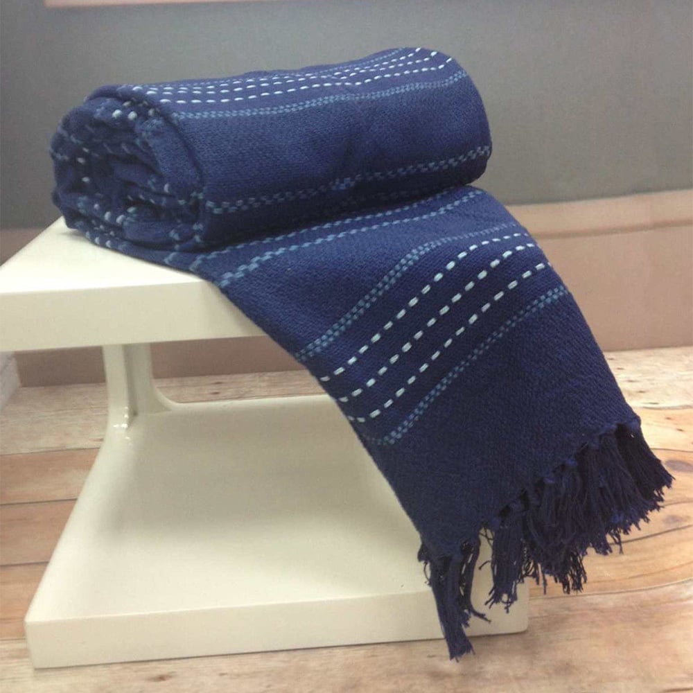 Rapport Home Navy Stitch Strip Woven Cotton Throw 178 x 254cm Image 2